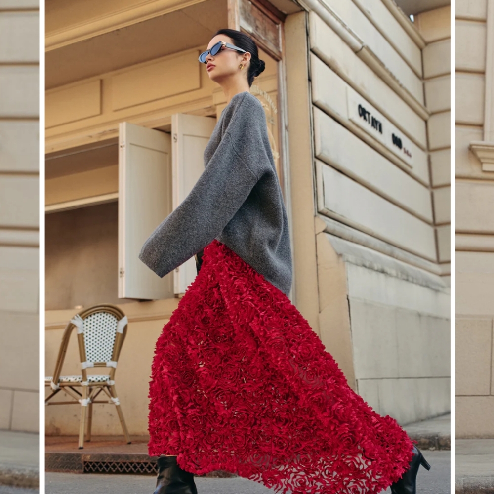Commense Red Floral Maxi Skirt